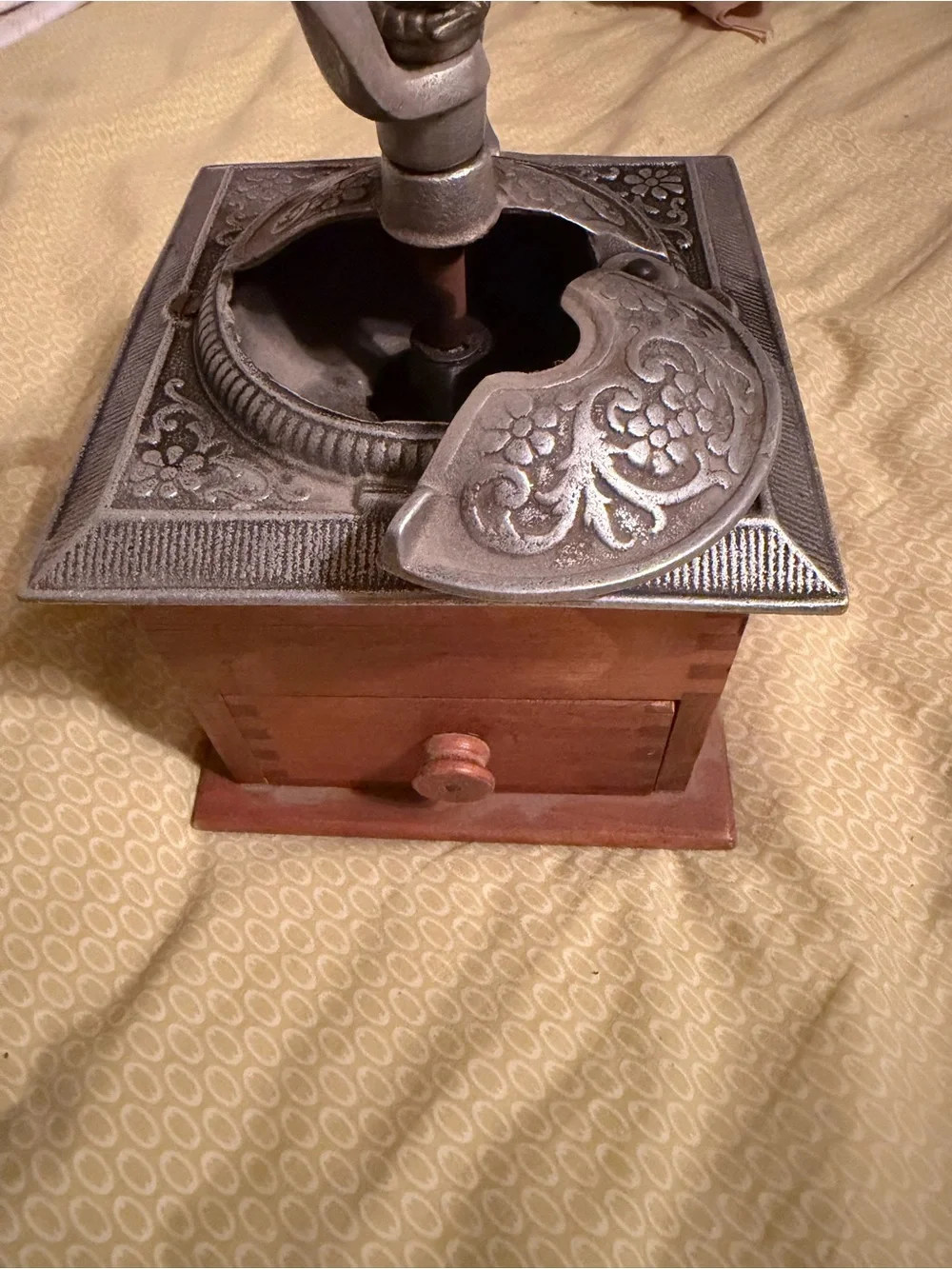 Vintage Wood Coffee Grinder with Embossed Metal Top - Brown & Silver